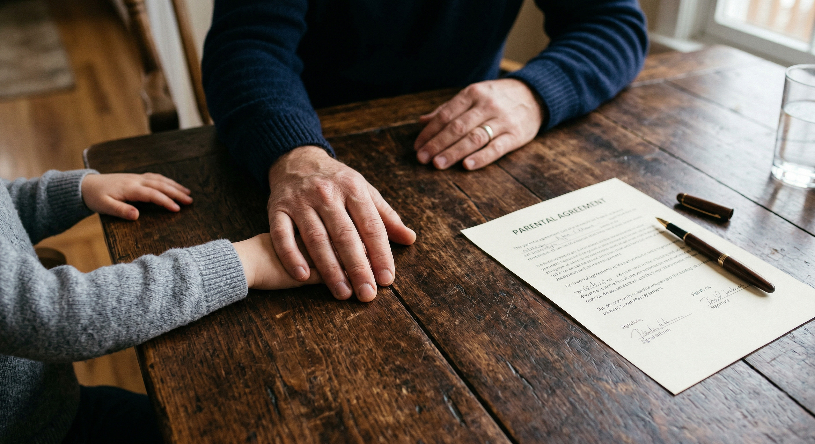 Two people at a table with a document labeled Parental Agreement
